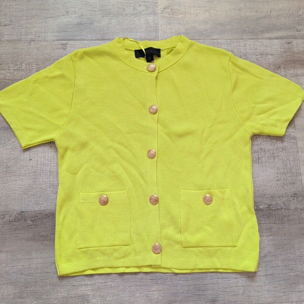Zara Neon Green Short Sleeve Knit Cardigan Gold Buttons Pockets Size S EUC